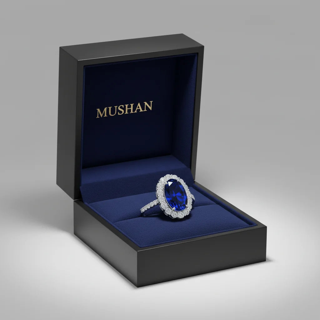 MUSHAN Luxury Jewelry 925 Sterling Silver Rings Bands For Women 4.4 Carat Blue HCD Gemstones Sapphire 8*12mm Oval Ring Jewelry