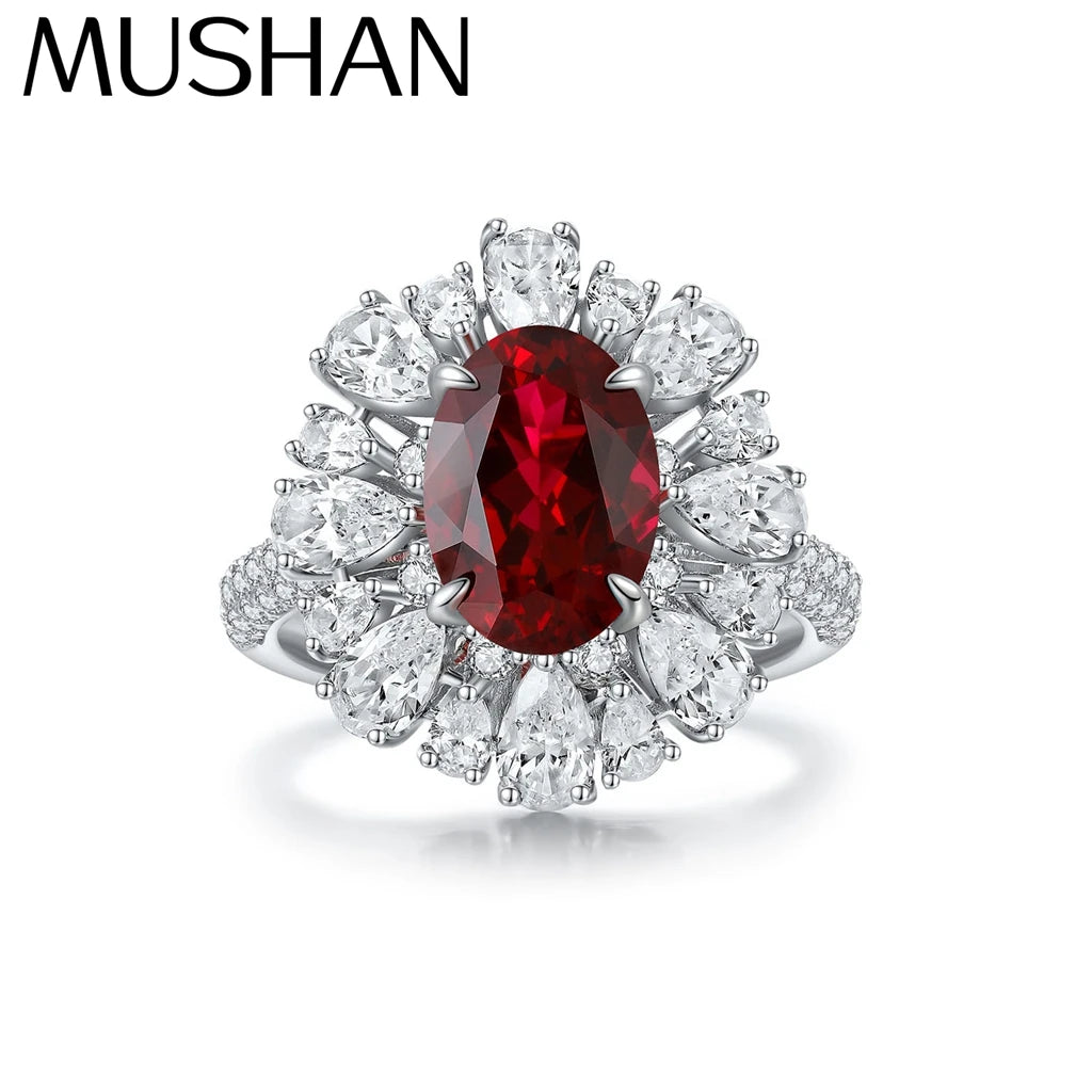 MUSHAN Custom Jewelry 925 Sterling Silver Ring Lab Red Ruby Marquise Classic Ring for Women 18K Gold Plated Anniversary Rings