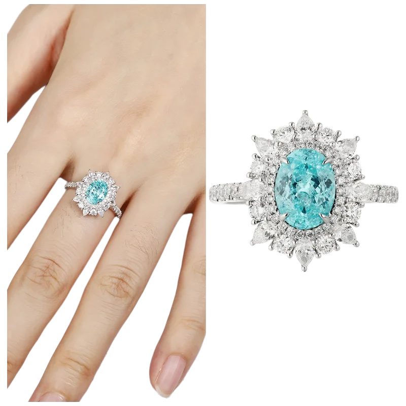 MUSHAN Custom Jewelry 925 Sterling Silver Ring Lab Blue Emerald Oval Bridal Gift for Women 18K Gold Plated Anniversary Rings