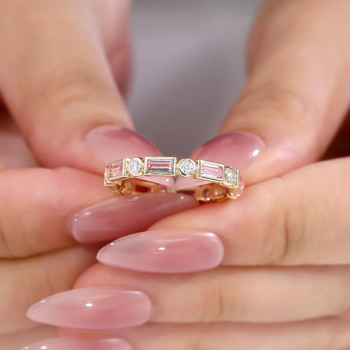 MUSHAN Custom Jewelry 10k 14k 18k s925 Silver Ring Band Lab Grown Pink Gemstones Wedding Ring for Women Luxury Real Gold Jewelry