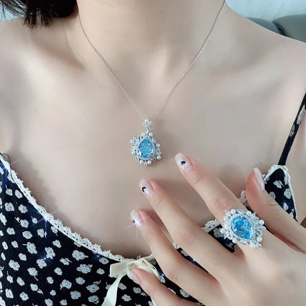 MUSHAN Luxury Jewelry New 925 Silver 14.5 Carat Ocean Heart Necklace For Women Featuring 11 15 Pear Shaped Drop Pendant