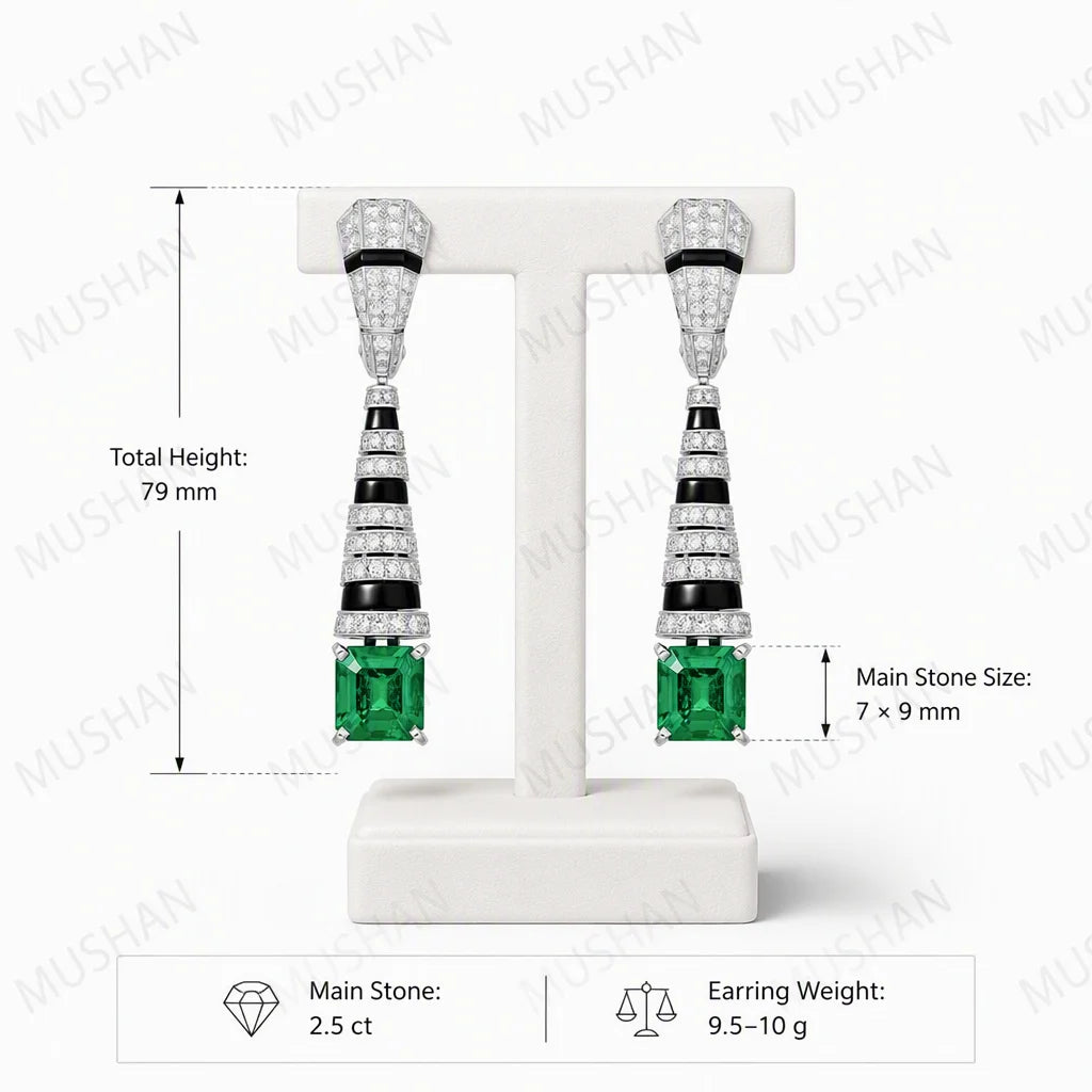 MuShan Jewelry 925 Sterling Silver Drop Earrings Women Black Enamel 2.5ctw Green Gemstones 79mm Long Earrings Stud Fine Jewelry