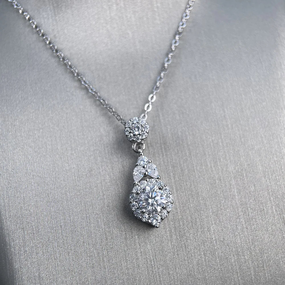 MuShan Brand Jewelry 925 Sterling Silver Necklace Long Graceful Round Moissanite for Girlfriend 18K Gold Plated MST Patent GRA