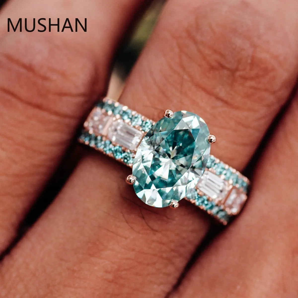 MUSHAN Luxury Custom PT950 14K 18K Gold Rings Band Jewelry 4.5ctw Green Moissanite Diamond Ring For Women Wedding Bridal Jewelry