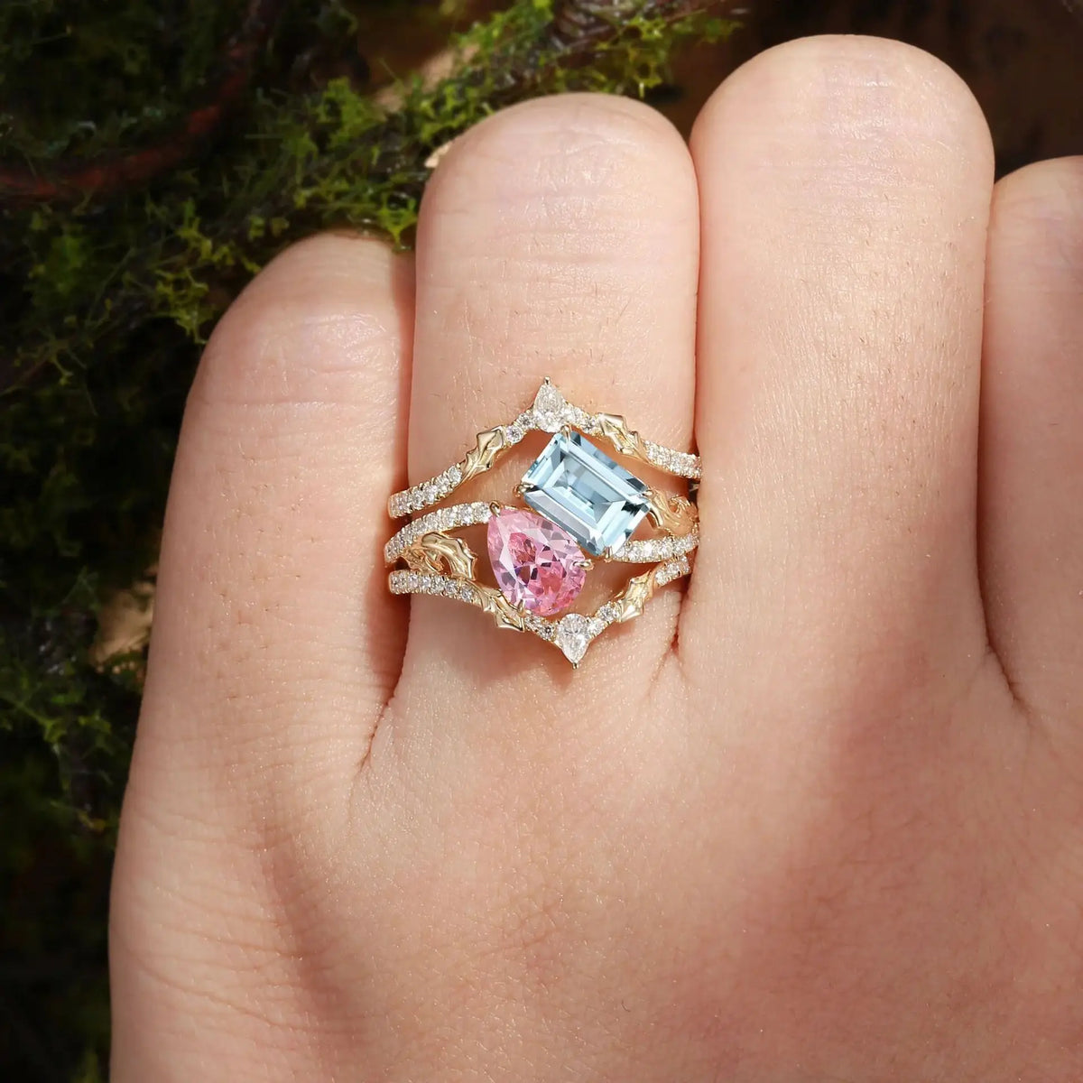 MUSHAN Custom Jewelry 925 Sterling Silver Ring Lab Grown Pink Gemstones Aquamarine Wedding Band for Women 18K Gold Plated Rings