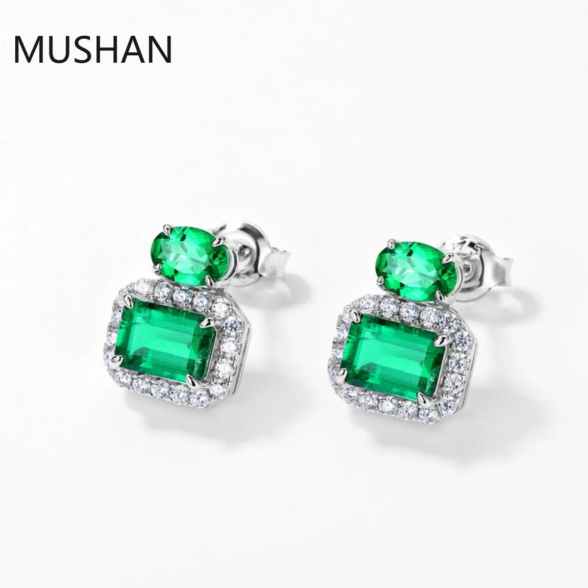 MUSHAN Bijoux de luxe, boucles d'oreilles puces pour femmes en argent sterling 925, boucles d'oreilles avec émeraude de synthèse certifiées GRC