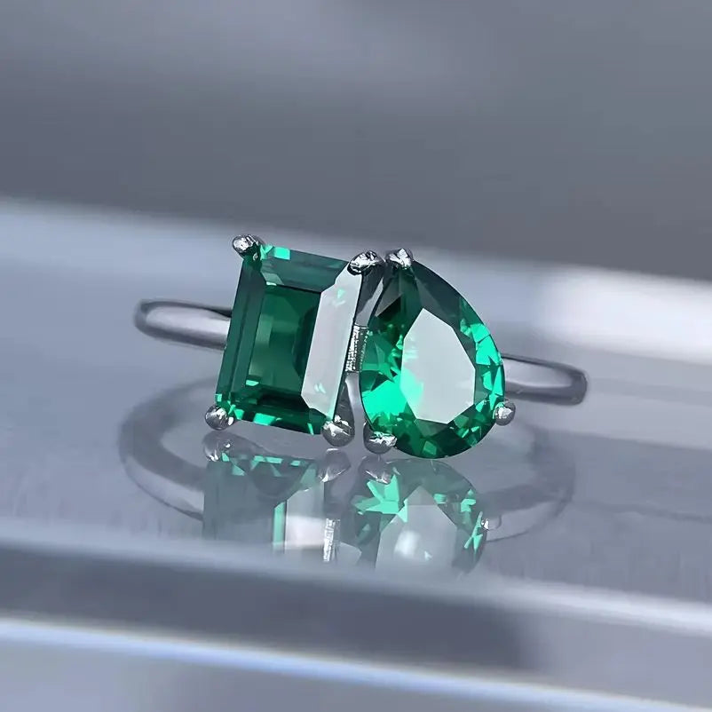 MuShan Luxury Jewelry 925 Sterling Silver Ring Band High Carbon Diamond Green Emerald Rings Women Rhodium Plated Fine Jewelry