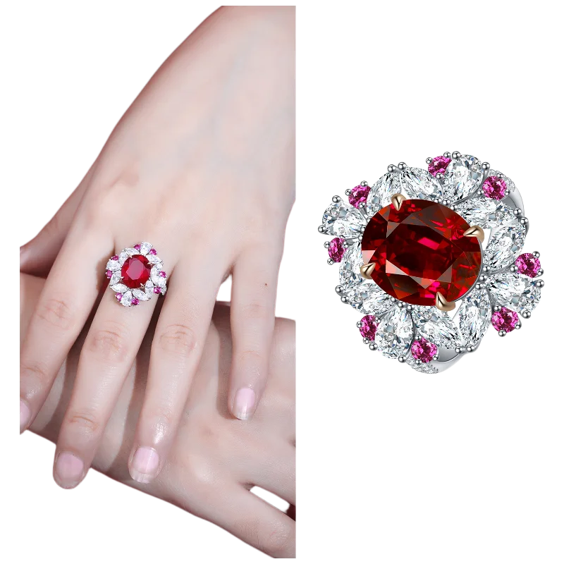MUSHAN Custom Jewelry 925 Sterling Silver Ring Lab Red Emerald Heart Engagement Ring for Women 18K Gold Plated GRC Estate Ring