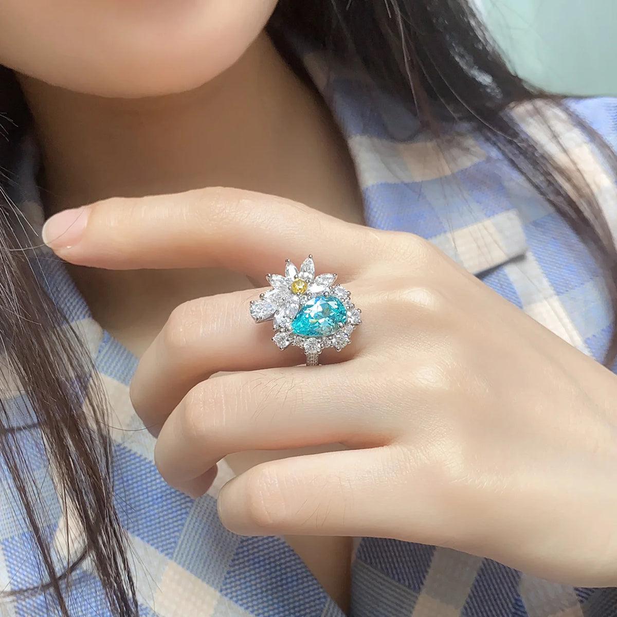 MUSHAN Custom Jewelry 925 Sterling Silver Ring Lab Blue Ruby Radiant Vintage Ring for Women 18K Gold Plated Anniversary Rings