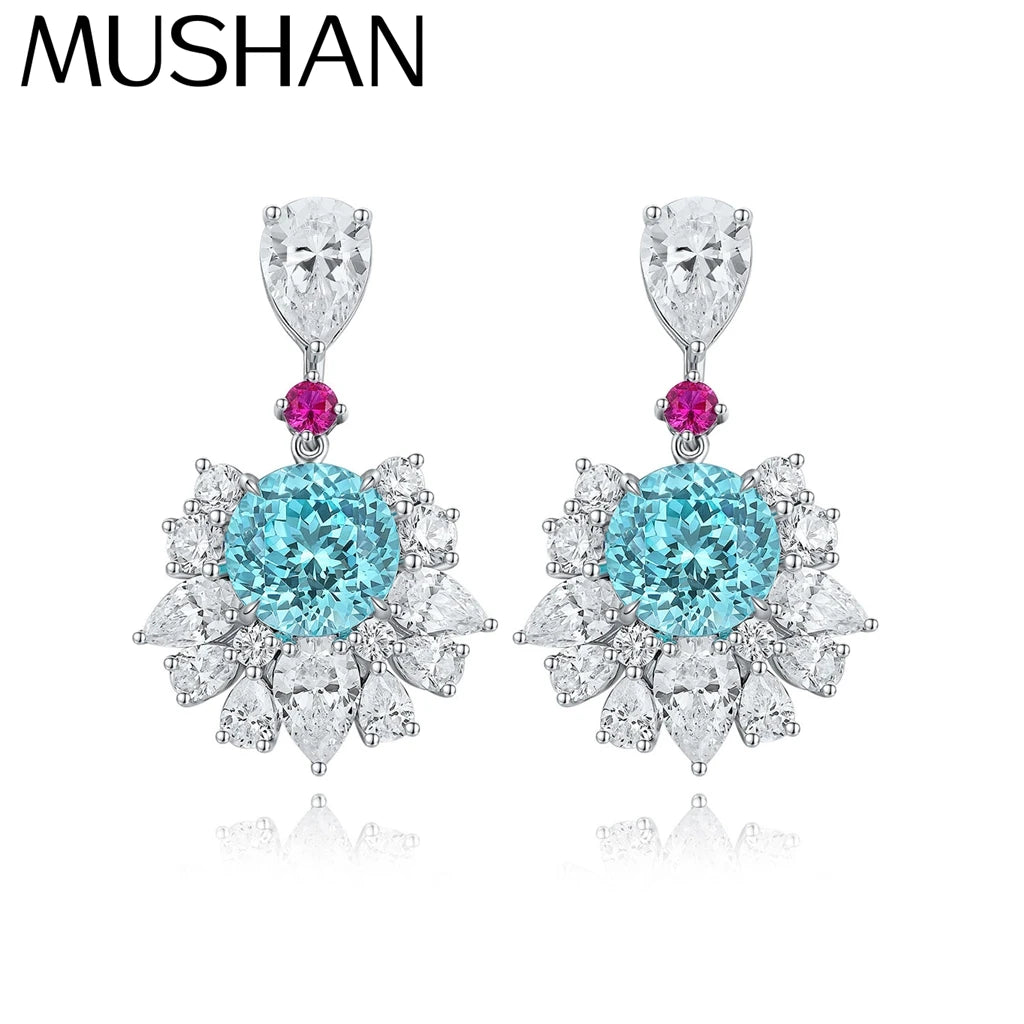 MUSHAN Custom Jewelry 925 Sterling Silver Earrings Lab Blue Ruby Heart Evening Wear for Women 18K Gold Plated Anniversary