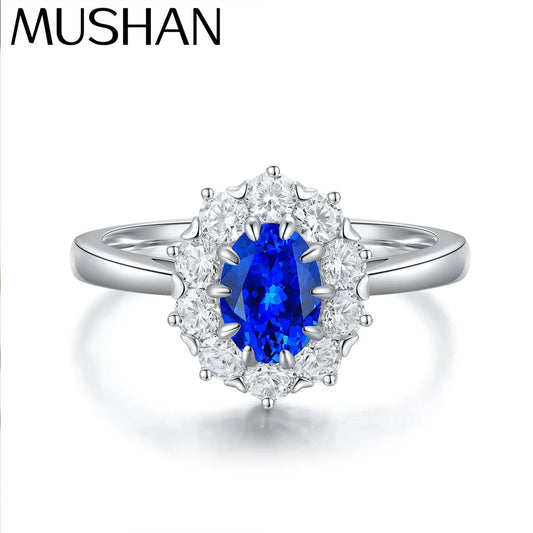 Anillo de plata de ley 925 personalizado MUSHAN, anillo de compromiso redondo con rubí azul de laboratorio para mujer, anillos de aniversario chapados en oro de 18 quilates