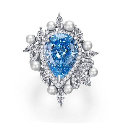 MUSHAN Luxury Jewelry 925 Sterling Silver Rings Bands High Carbon Gemstones 11*15mm Aquamarine Water Drop Ring S925 Fine Jewelry