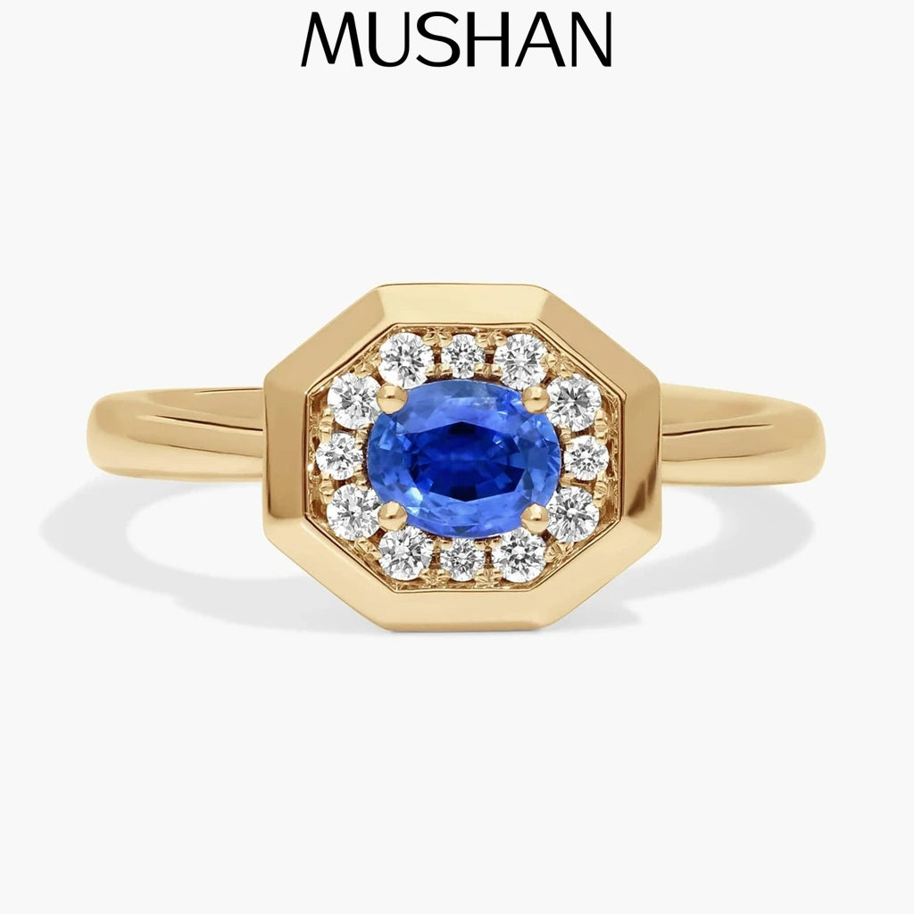 MUSHAN Custom Jewelry 925 Sterling Silver Ring Lab Blue Sapphire Oval Bridal Statement for Women 18K Gold Plated Classic Rings