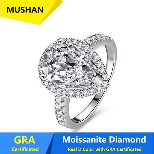Anillo de compromiso MUSHAN Luxury Jewelry de plata de ley 925 para mujer, con diamante de moissanita de 4 quilates certificado por GRA, color D, joyería fina