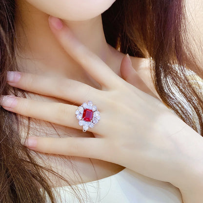 MUSHAN Custom Jewelry 925 Sterling Silver Ring Lab Red Ruby Radiant Modern Ring for Women 18K Gold Plated Anniversary Rings