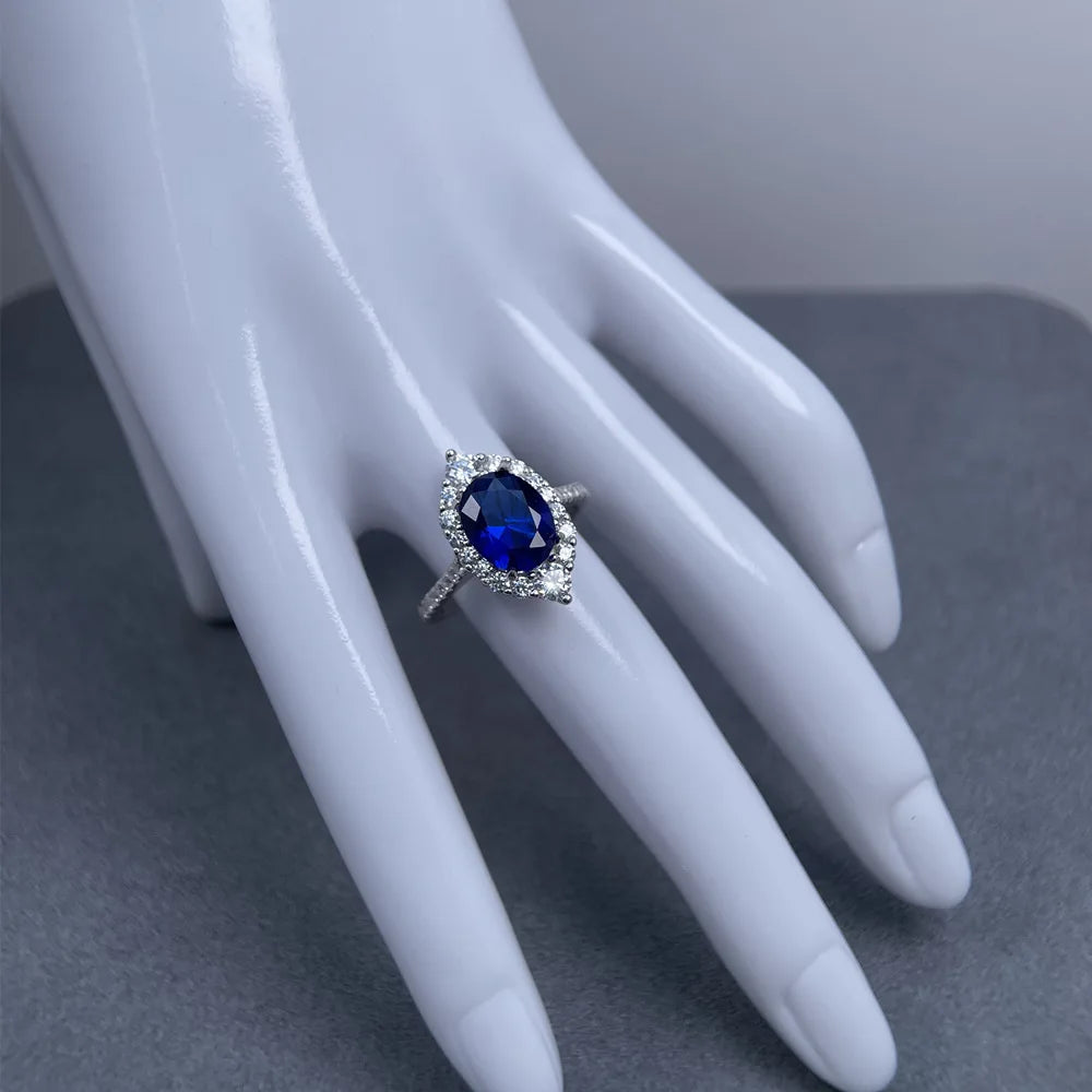 MuShan Designer Jewelry 925 Sterling Silver Ring Blue High Carbon Diamond Gemstones Rings Band for Women Rhodium Plated Rings