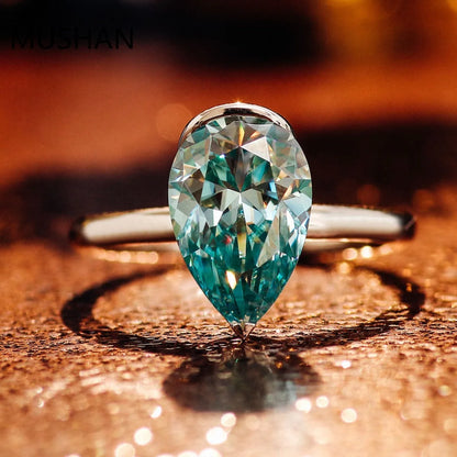 MUSHAN Luxury Custom PT950 Platinum 10k 14K 18K Gold Rings Band Jewelry Blue Green Pear Shaped Moissanite Diamond Ring For Women