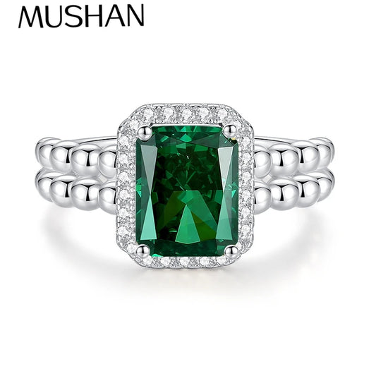 MUSHAN Luxury Jewelry S925 Pure Silver Four-Claw Square Cut Emerald Cut High-Carat Diamond Row Ring With Morganite Gemstones