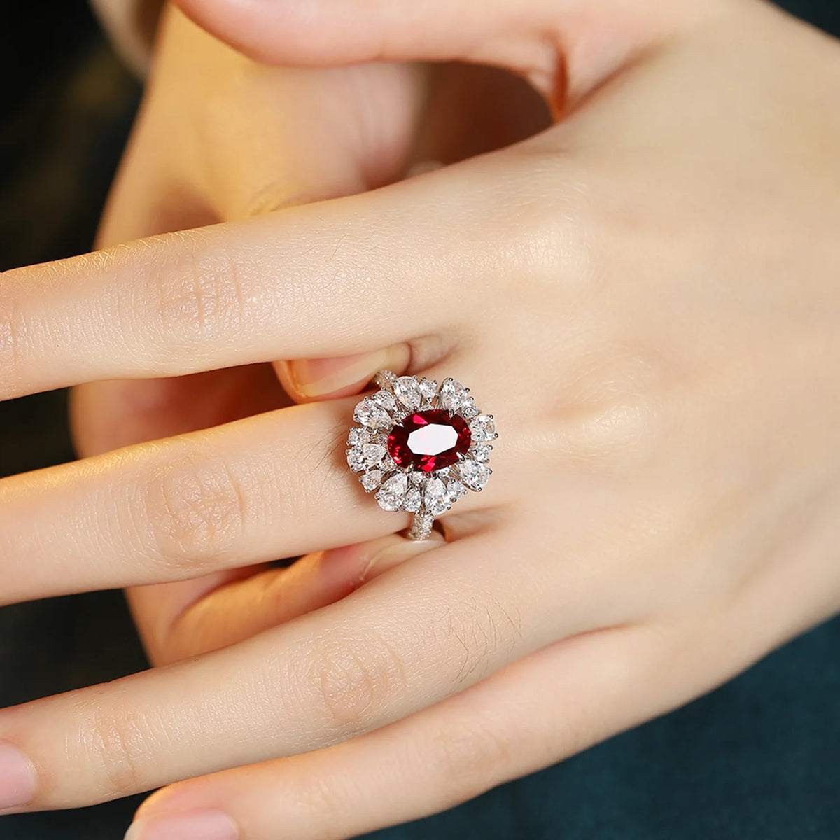 MUSHAN Custom Jewelry 925 Sterling Silver Ring Lab Red Ruby Marquise Classic Ring for Women 18K Gold Plated Anniversary Rings