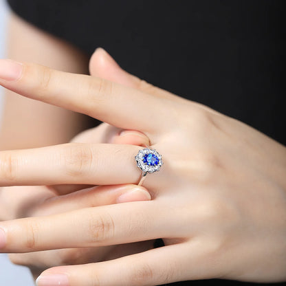 MUSHAN Custom Jewelry 925 Sterling Silver Ring Lab Blue Ruby Round Bridal Ring for Women 18K Gold Plated Anniversary Rings