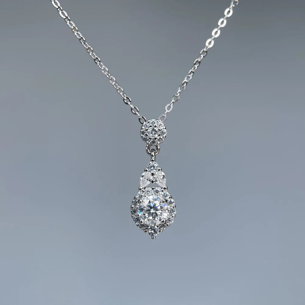 MuShan Brand Jewelry 925 Sterling Silver Necklace Long Graceful Round Moissanite for Girlfriend 18K Gold Plated MST Patent GRA