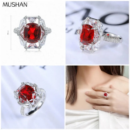 MUSHAN Custom Jewelry 925 Sterling Silver Ring Lab Red Emerald Heart Engagement Ring for Women 18K Gold Plated Engagement Ring