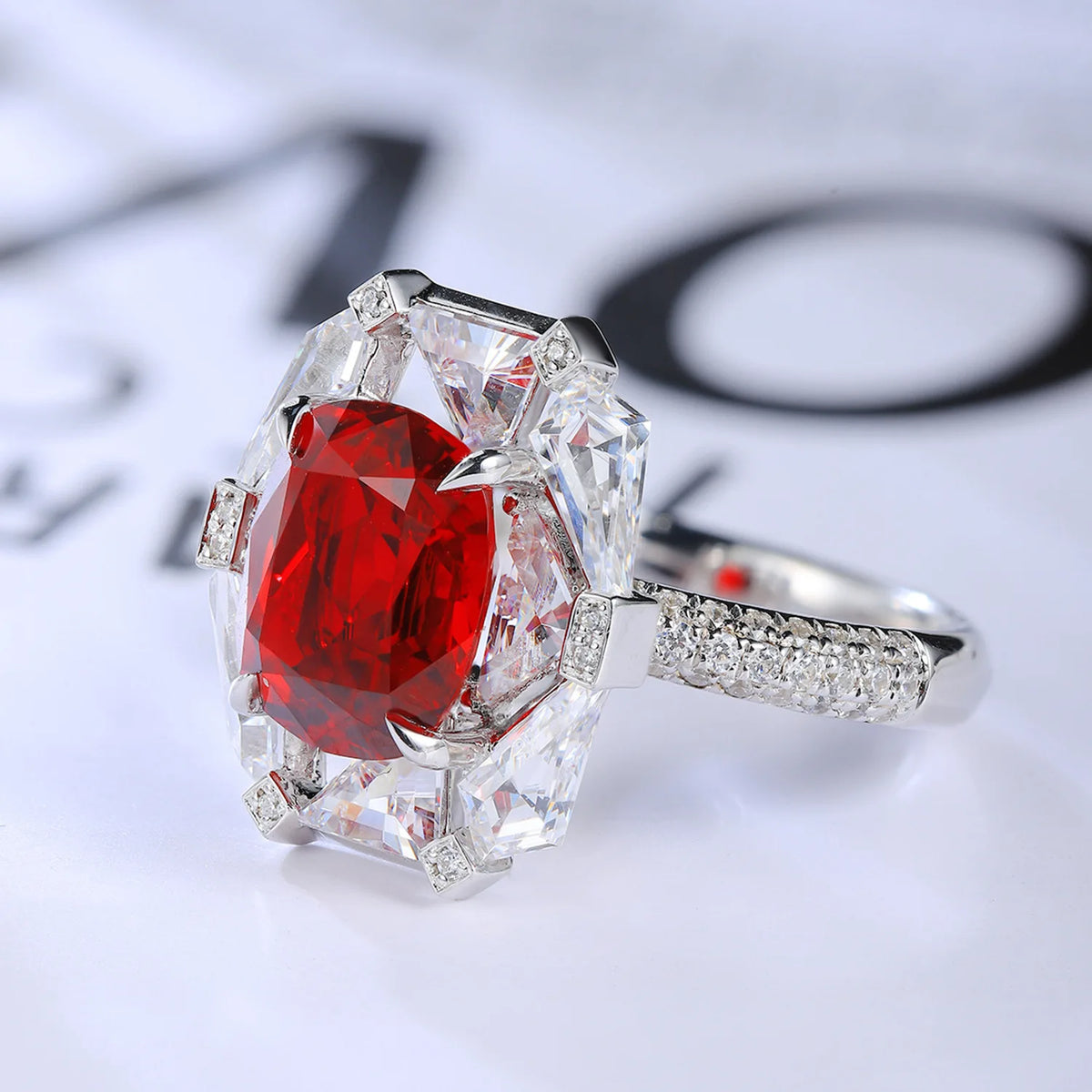 MUSHAN Custom Jewelry 925 Sterling Silver Ring Lab Red Emerald Heart Engagement Ring for Women 18K Gold Plated Engagement Ring