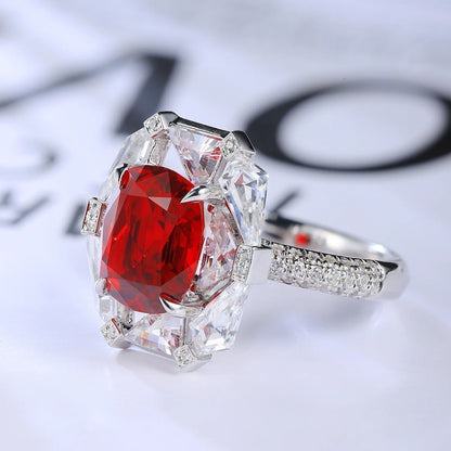 MUSHAN Custom Jewelry 925 Sterling Silver Ring Lab Red Emerald Heart Engagement Ring for Women 18K Gold Plated Engagement Ring