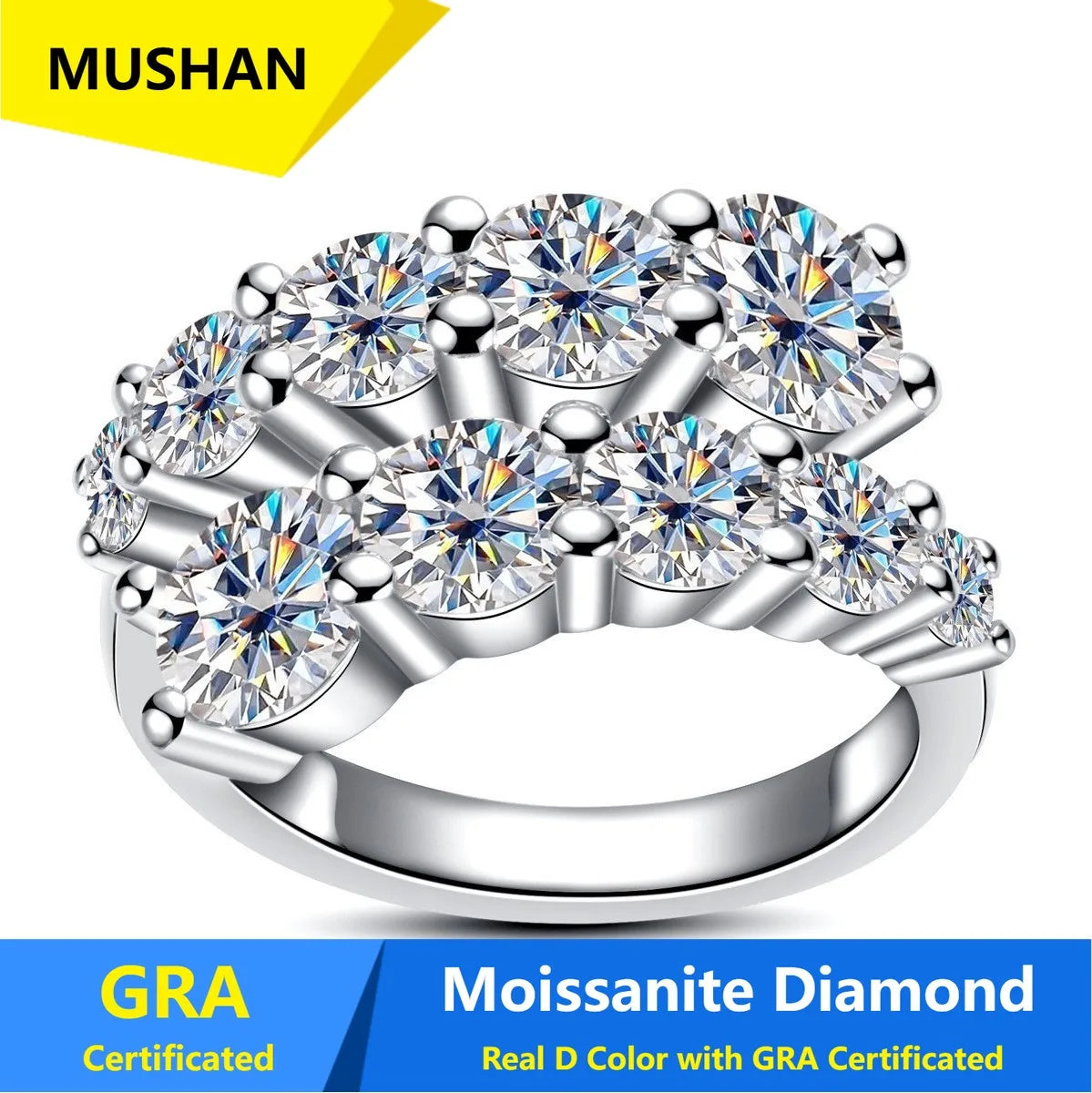 MUSHAN Luxury Jewelry 925 Sterling Silver Ring Band Women GRA Certificated Moissanite Diamond Emerald D Color Rings Fine Jewelry