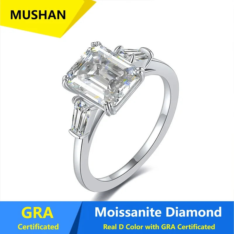 Anillo de banda de plata de ley 925 MUSHAN Luxury Jewelry para mujer, diamante de moissanita con certificado GRA, esmeralda, color D, joyería fina