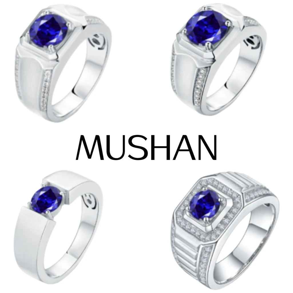 MUSHAN Custom Jewelry 925 Sterling Silver Ring Lab Blue Ruby Round Romantic Gift for Women 18K Gold Plated Anniversary Rings