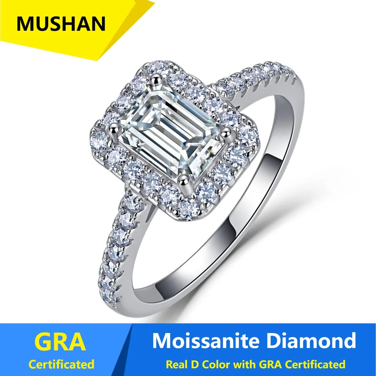 Bague MUSHAN Luxury Jewelry en argent sterling 925 pour femme, diamant moissanite taille émeraude certifié GRA, couleur D, bijou raffiné