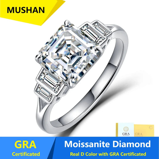 Anillo de plata de ley 925 MUSHAN Luxury Jewelry, banda para mujer con certificado GRA, diamante de moissanita, esmeralda, color D, joyería fina