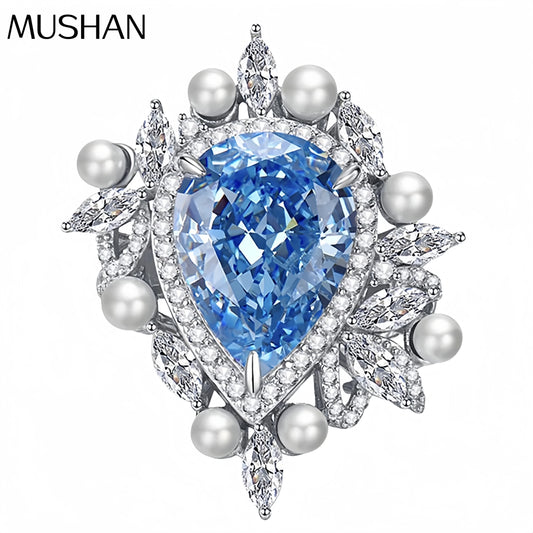 MUSHAN Luxury Jewelry 925 Sterling Silver Rings Bands High Carbon Gemstones 11*15mm Aquamarine Water Drop Ring S925 Fine Jewelry