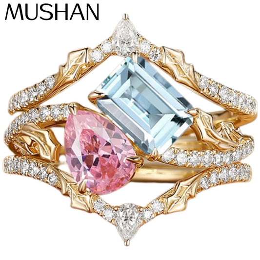 MUSHAN Custom Jewelry 925 Sterling Silver Ring Lab Grown Pink Gemstones Aquamarine Wedding Band for Women 18K Gold Plated Rings