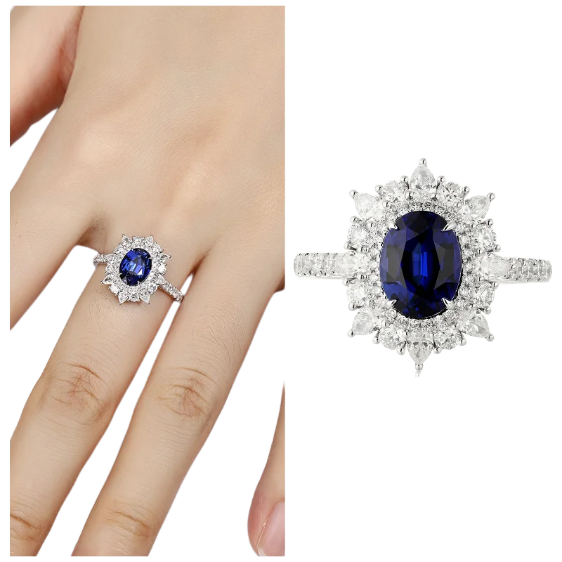 MUSHAN Custom Jewelry 925 Sterling Silver Ring Lab Blue Emerald Oval Bridal Gift for Women 18K Gold Plated Anniversary Rings