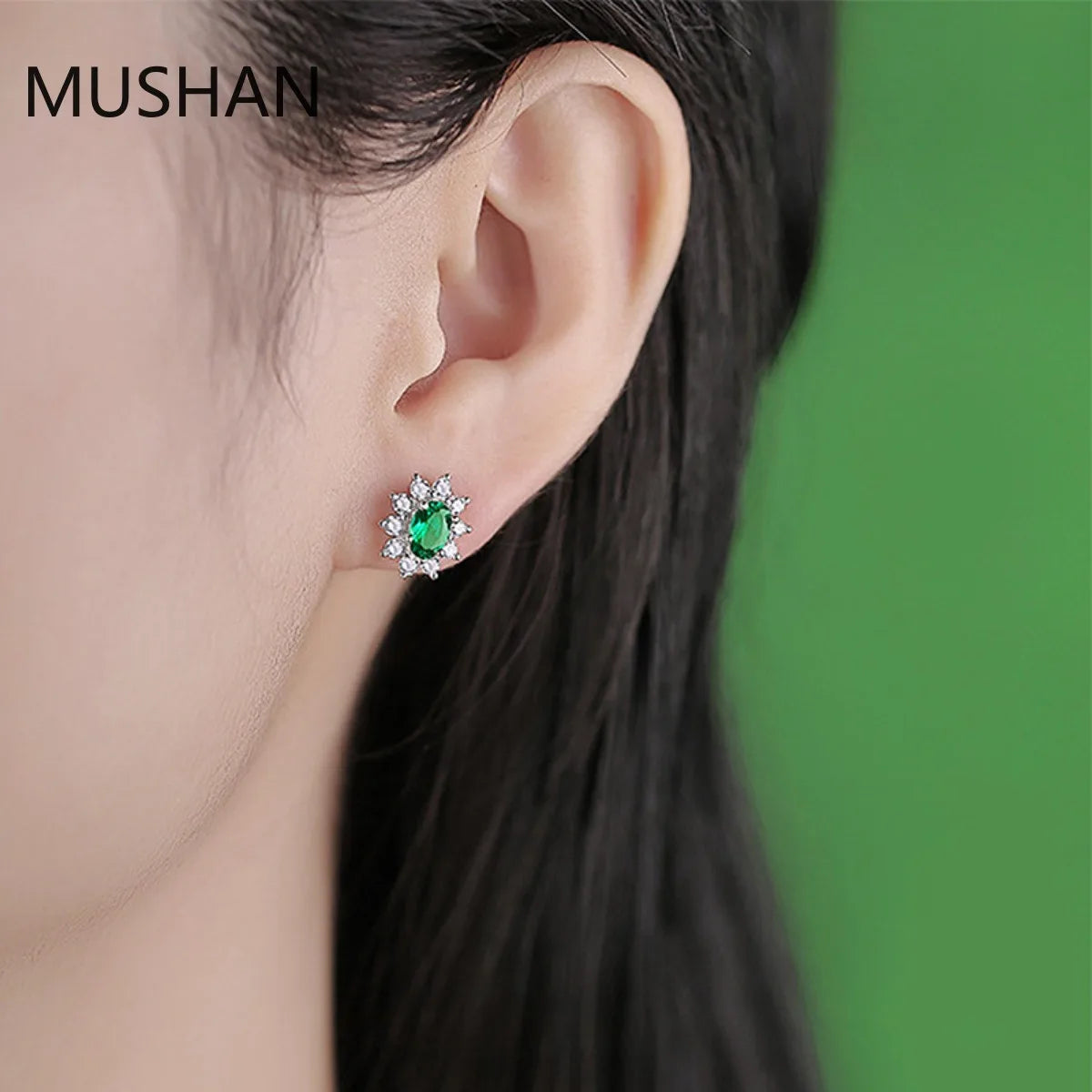 MUSHAN Bijoux de luxe Boucles d'oreilles à tige en argent sterling S925 pour femme, boucles d'oreilles à tige en émeraude cultivée en laboratoire certifiée GRC