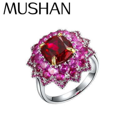 MUSHAN Custom Jewelry 925 Sterling Silver Ring Lab Grown Ruby Cushion Luxury Ring for Women 18K Gold Plated Anniversary Rings