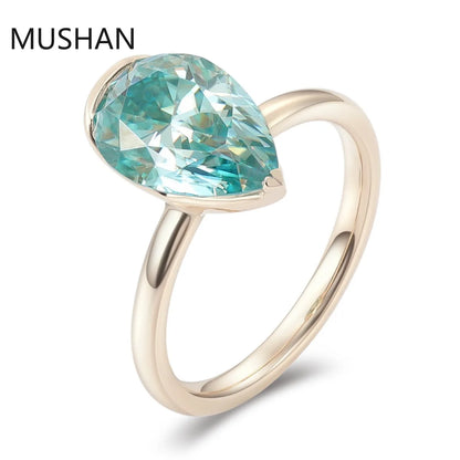 MUSHAN Luxury Custom PT950 Platinum 10k 14K 18K Gold Rings Band Jewelry Blue Green Pear Shaped Moissanite Diamond Ring For Women