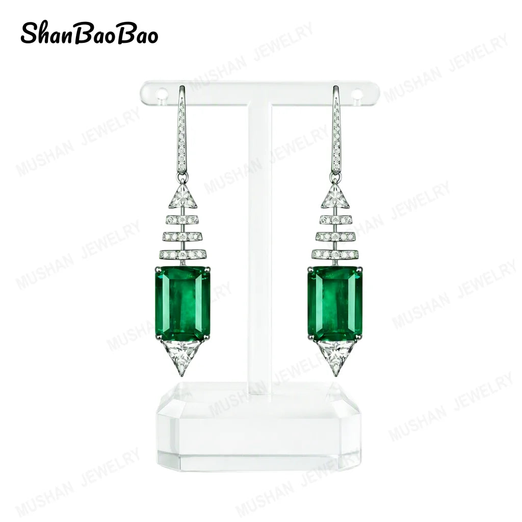 ShanBaoBao Jewelry 925 Sterling Silver Stud Drop Earrings Women Luxury CZ Gemstones Emerald s925 Silver Pendant Earrings Jewelry
