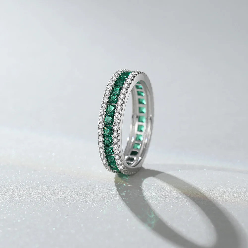 Bague carrée MUSHAN Luxury Jewelry en argent sterling S925, ornée d'une double rangée de diamants verts, bijou élégant pour femme