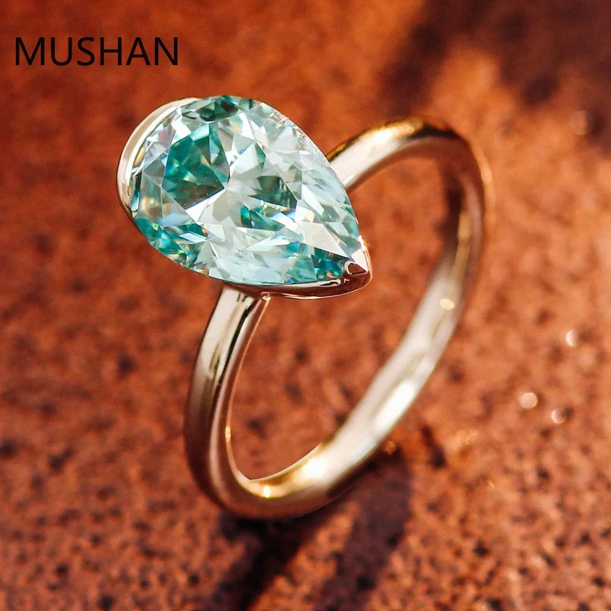MUSHAN Luxury Custom PT950 Platinum 10k 14K 18K Gold Rings Band Jewelry Blue Green Pear Shaped Moissanite Diamond Ring For Women