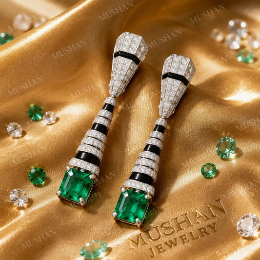 MuShan Jewelry 925 Sterling Silver Drop Earrings Women Black Enamel 2.5ctw Green Gemstones 79mm Long Earrings Stud Fine Jewelry