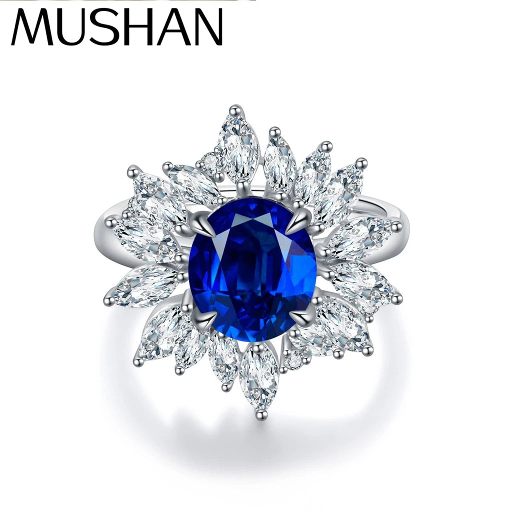 MUSHAN Custom Jewelry 925 Sterling Silver Ring Lab Blue Ruby Round Party Ring for Women 18K Gold Plated Anniversary Rings