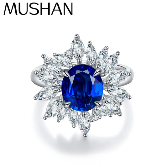 Anillo MUSHAN de plata de ley 925, joyería personalizada para mujer, anillo de fiesta con rubí azul de laboratorio, redondo, chapado en oro de 18 quilates, anillo de aniversario
