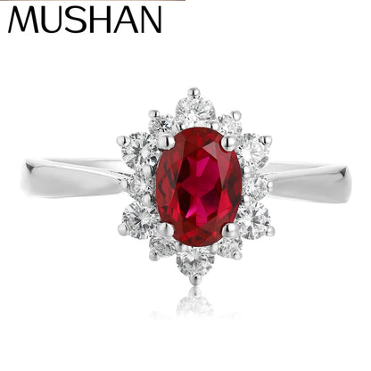 MUSHAN Bague personnalisée en argent sterling 925, bague classique ovale avec émeraude rouge de laboratoire pour femme, plaqué or 18 carats, bague d'anniversaire