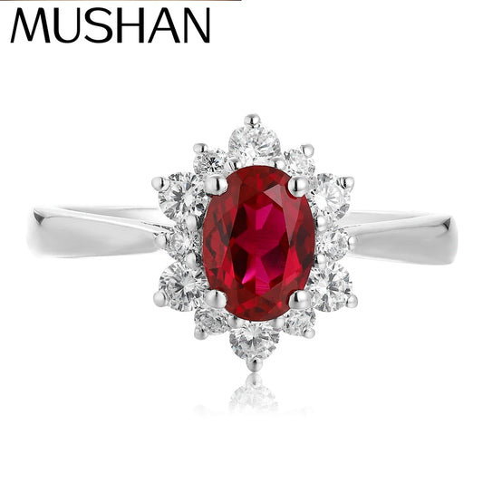 Anillo clásico MUSHAN de plata de ley 925 con esmeralda roja de laboratorio, talla ovalada, para mujer, chapado en oro de 18 quilates, anillos de aniversario