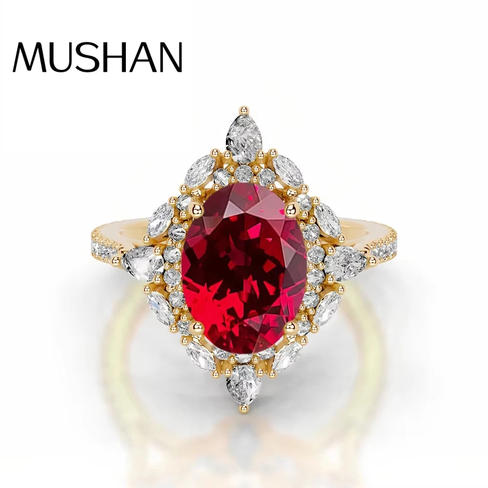 MUSHAN Custom Jewelry 925 Sterling Silver Ring Lab Red Ruby Heart Daily Ring for Women 18K Gold Plated GRC Certificate Rings