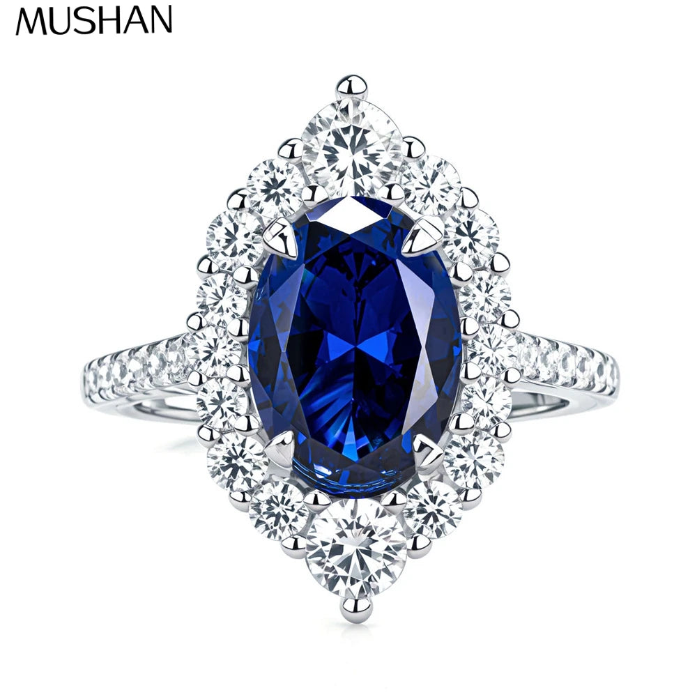 MuShan Designer Jewelry 925 Sterling Silver Ring Blue High Carbon Diamond Gemstones Rings Band for Women Rhodium Plated Rings