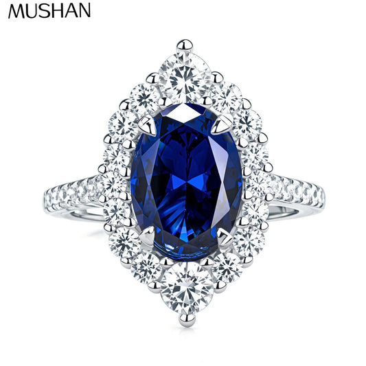 MuShan Designer Jewelry 925 Sterling Silver Ring Blue High Carbon Diamond Gemstones Rings Band for Women Rhodium Plated Rings